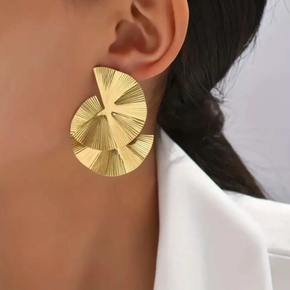 NEW Gold Pleated Metal Double Fan Chunky Statement Earrings